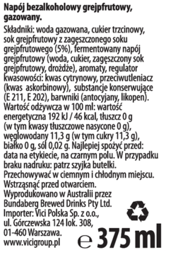 Tylna etykieta napoju bezalkoholowego grejpfrutowego, gazowanego, z listą składników i wartościami odżywczymi.
