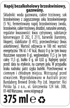 Tył etykiety brzoskwiniowego napoju gazowanego 375 ml z listą składników i wartościami odżywczymi.