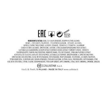 Tył opakowania kremu Collistar High-Definition Slimming Cream, widoczna lista składników, logo EAC i Made in Italy.
