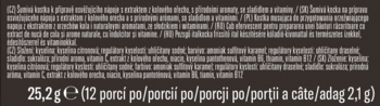 Fragment etykiety produktu z białym tekstem na ciemnym tle, widoczne '25,2 g (12 porcji)'.