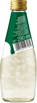 Tył butelki ReVito Aloe Vera cytryna matcha 290 ml z zieloną etykietą, kodem kreskowym i widocznymi kawałkami aloesu.