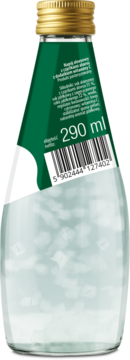 Tył szklanej butelki ReVito Aloe Vera napój aloesowy, zielona etykieta ze składnikami, 290 ml i miąższem.