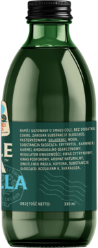 Tył zielonej szklanej butelki Jungle cola nulla 0 cukru 330ml. Widoczna etykieta ze składnikami w języku polskim.