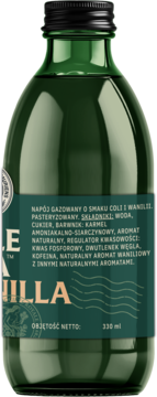 Jungle Cola Vanilia 330ml w zielonej butelce z czarną nakrętką, widok z przodu, ciemnozielona etykieta ze składem.