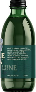 Jungle Cola Classic 330ml, tył ciemnozielonej butelki, etykieta ze składnikami i objętością netto.