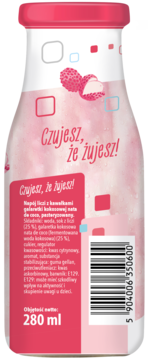 Tył butelki Jumi Jumi liczi z galaretką kokosową nata de coco, 280ml, z kodem kreskowym i składnikami.