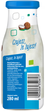 Tył butelki Jumi Jumi kokos z galaretką nata de coco 280ml. Niebieska etykieta, składniki, kod kreskowy.