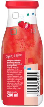 Tył butelki Jumi Jumi truskawka z galaretką kokosową 280ml. Widoczna etykieta ze składnikami, sloganem i kodem kreskowym.