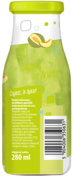 Tył butelki Jumi Jumi melon z nata de coco, 280ml, zielono-biała etykieta ze składnikami i kodem kreskowym.