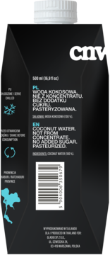 Tył czarnego kartonu Coco Not Water 500ml, z białym tekstem: 100% woda kokosowa, bez cukru.