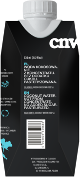 Czarna woda kokosowa CNV 330ml, tył opakowania z widocznym składem: nie z koncentratu, bez cukru.