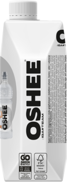 Biały karton OSHEE, napój izotoniczny grejpfrutowy, z cukrem i słodzikami. Widok z przodu.