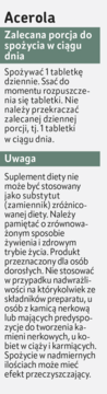 Etykieta suplementu Acerola z informacjami o dawkowaniu (1 tabletka dziennie) i ostrzeżeniami.