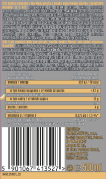 Tył opakowania DR Witt Koktail proteinowy wanilia z kodem kreskowym, etykietą wartości odżywczych, 500 ml.