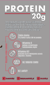 DR Witt Koktail proteinowy wiśnia, pionowy plakat reklamowy. Ciemne tło, duży napis 'PROTEIN 20g', bez cukru i laktozy.