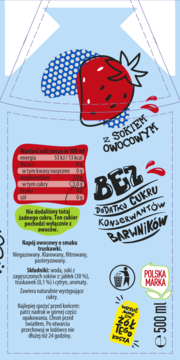 Tylna etykieta napoju owocowego Kubuś o smaku truskawki, z grafiką truskawki i napisem 'bez dodatku cukru', 500ml.