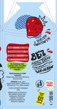 Boczny panel kartonu Kubuś Water Truskawka 500ml. Jasnoniebieskie opakowanie z dużą truskawką i napisem "bez cukru".