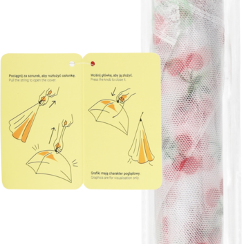 Eloy osłonka na jedzenie 40x40cm, z białej siateczki w czerwone wzory, obok żółte karty z instrukcją.