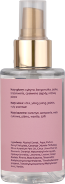 Scent of beauty 6, perfumy w szklanej butelce ze złotym atomizerem, tył z różową etykietą i składem.