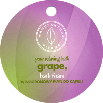 Okrągła zawieszka Manufaktura Piękna, winogronowy płyn do kąpieli, zielono-fioletowy gradient, widok z przodu.