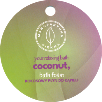 Zielono-fioletowa okrągła etykieta Manufaktura Piękna, z logo liścia, promująca kokosową piankę do kąpieli.