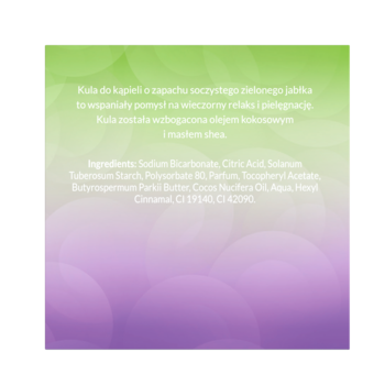 Tył opakowania kuli do kąpieli o zapachu zielonego jabłka. Widoczna lista składników z olejem kokosowym i masłem shea.
