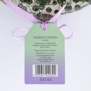 Zielono-fioletowa zawieszka olejku Yesha Safari 500 ml, z kodem kreskowym, na jasnym tle.