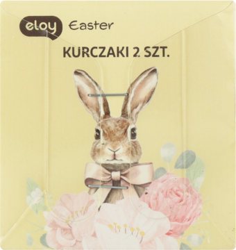 Eloy Easter, żółte opakowanie na figurki kurczaki, królik z kokardką i różowymi kwiatami, napis '2 szt.'