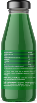 Tył zielonej butelki smoothie z siemieniem lnianym i witaminą C, etykieta z danymi odżywczymi.