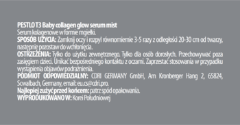 Tył opakowania Pestlo T3 Baby Collagen Glow Serum Mist, szary, z białym tekstem: instrukcje, ostrzeżenia, dane.
