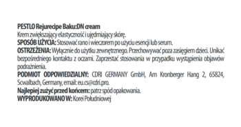 Biały tył opakowania kremu Pestlo Rejurecipe Bakuchiol z czytelnym opisem użycia i ostrzeżeniami po polsku.
