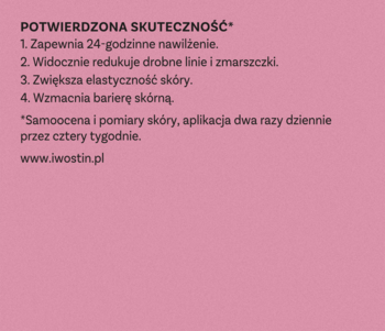 Różowa grafika z białym tekstem: potwierdzona skuteczność kremu Iwostin Age Lift, 24h nawilżenie i redukcja zmarszczek.