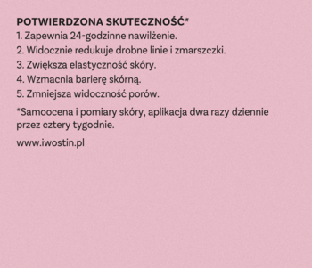 Lista potwierdzonych korzyści kremu Iwostin Age Lift SPF 15 na różowym tle, widoczny tekst skuteczności.