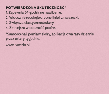 Różowe tło z tekstem o potwierdzonej skuteczności Iwostin Age Lift: nawilża, redukuje zmarszczki, pory.