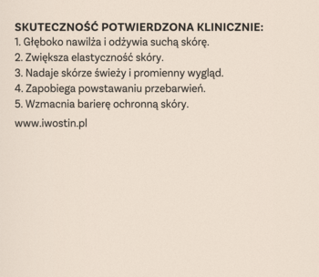 Białe tło z czarnym tekstem: 'Skuteczność potwierdzona klinicznie' i lista korzyści kremu Iwostin Age Lift Pro.
