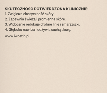 Biała plansza z czarnym tekstem: Skuteczność kliniczna kremu Iwostin Age Lift Pro – elastyczność, redukcja zmarszczek, nawilżenie.