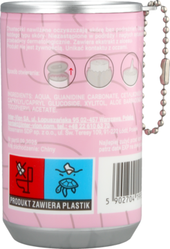 Tył różowej puszki z chusteczkami oczyszczającymi, widoczny napis „PRODUKT ZAWIERA PLASTIK” i symbol nie spłukiwać.