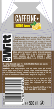 Tył szaro-brązowego kartonu DR Witt Caffeine+ lemon flavour z listą składników i kodem kreskowym.