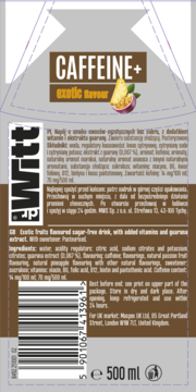 DR Witt CAFFEINE+ exotic flavour, napój 500ml w kartonie, brązowo-szary z grafiką ananasa i marakui.