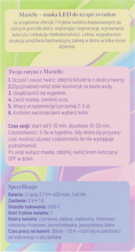 Informacyjny panel produktu Marielle maska LED: opis, rutyna użycia, specyfikacje techniczne, na tle gradientu.