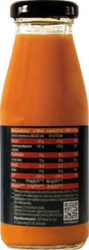 Tył szklanej butelki pomarańczowego soku z czarną etykietą pokazującą wartości odżywcze w języku polskim.