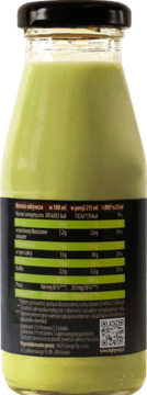 Zielony koktajl owocowo-warzywny w butelce, widok z tyłu z etykietą i danymi odżywczymi.