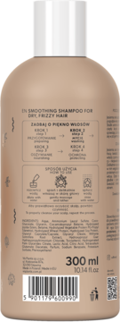 Tylna etykieta beżowej butelki szamponu wygładzającego do włosów suchych i puszących się z instrukcjami użycia.