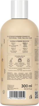 Tył beżowej butelki szamponu wzmacniającego dla osłabionych włosów z instrukcjami i kodem kreskowym.