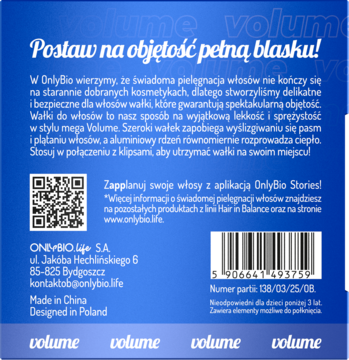 Tył ciemnoniebieskiego opakowania OnlyBio z tekstem o wałkach do włosów nadających objętość i danymi producenta.