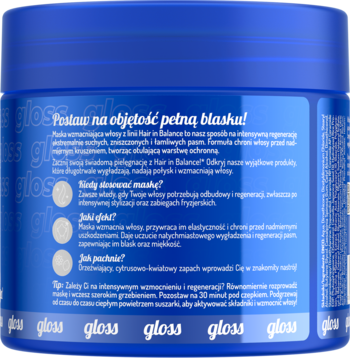 Tył niebieskiego słoika maski do włosów Gloss Hair in Balance z białymi napisami po polsku, widok z góry.