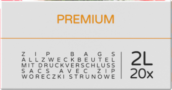 Etykieta opakowania woreczków strunowych PREMIUM 2L, 20 sztuk, z tekstem w kilku językach.