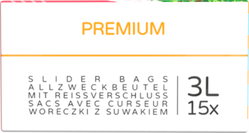 viGO! woreczki z suwakiem PREMIUM 3L 15 szt., białe opakowanie z pomarańczowym napisem, widok z przodu.