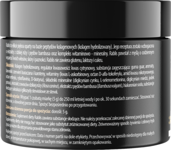 Tylna etykieta ciemnego słoika Rablis, eliksiru kolagenowego, z białym tekstem: skład i sposób użycia.