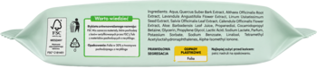 Tył miętowego opakowania nawilżanego papieru toaletowego herbal, z informacjami o składzie i eko certyfikatami.